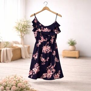 Collective Concepts Navy Pink Floral One Shoulder Ruffle Dress NWT Size M